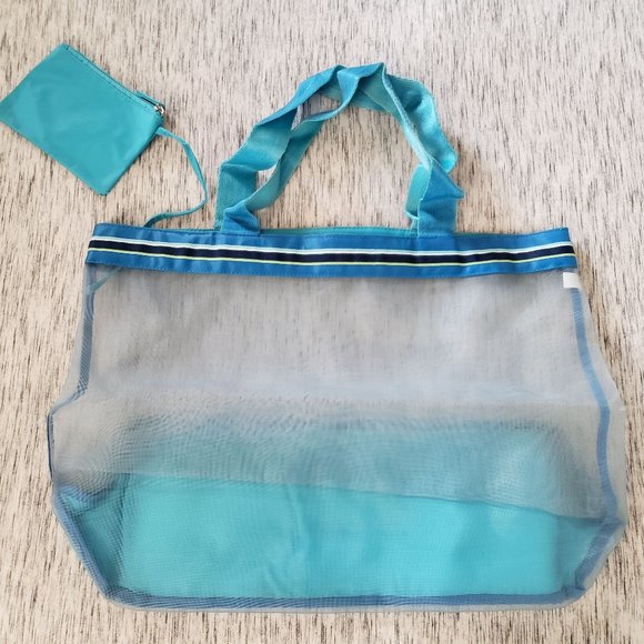 Oversized Blue Mesh Beach Tote w/ Attached Pouch - Picture 1 of 8